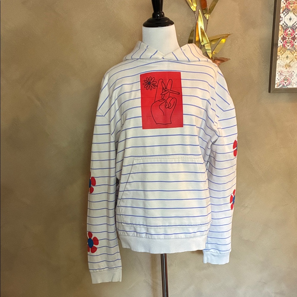 Urban Outfitters White&Blue Stripe Hoodie w/ Red Graphic and Sleeve Flowers Med